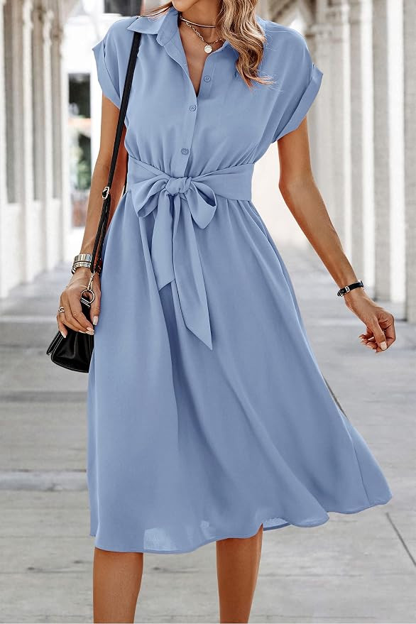 ECOWISH Womens Casual Midi Dresses Solid V Neck Short Sleeve Button Shirt Belted Dress with Pocke... | Amazon (US)