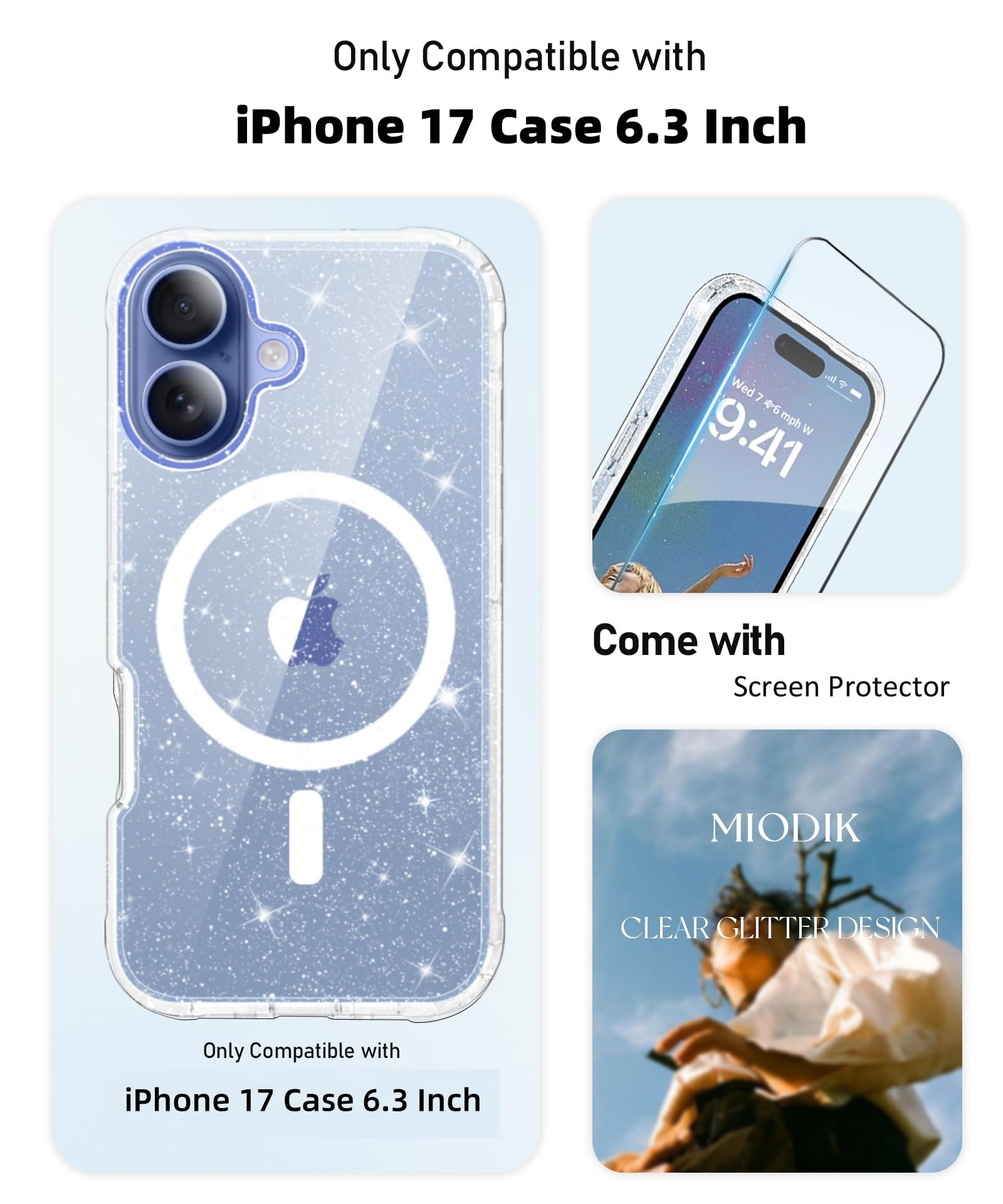 MIODIK for iPhone 17 Case + Screen Protector, [Compatible with Magsafe] Clear Glitter Women Girl ... | Amazon (US)