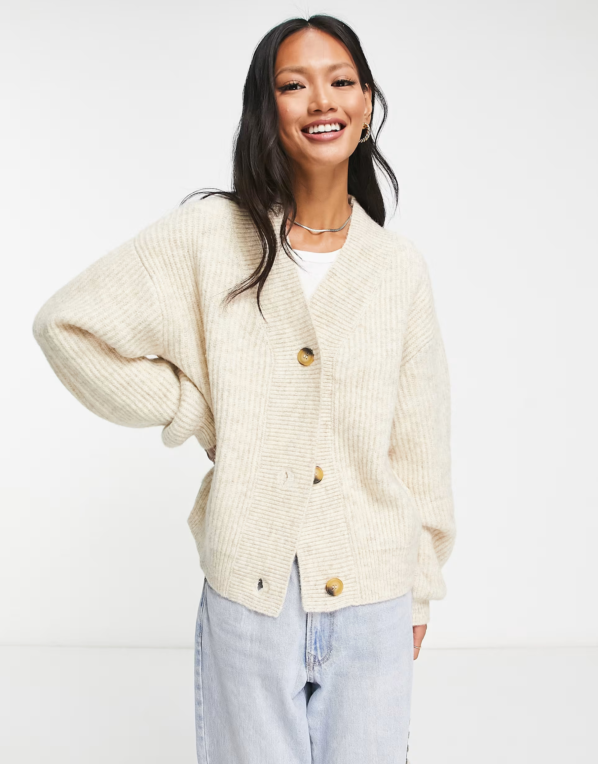 NA-KD chunky ribbed cardigan in beige | ASOS (Global)