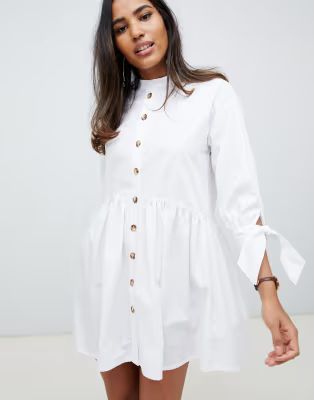 ASOS DESIGN grandad collar button through mini smock dress with tie sleeve | ASOS US