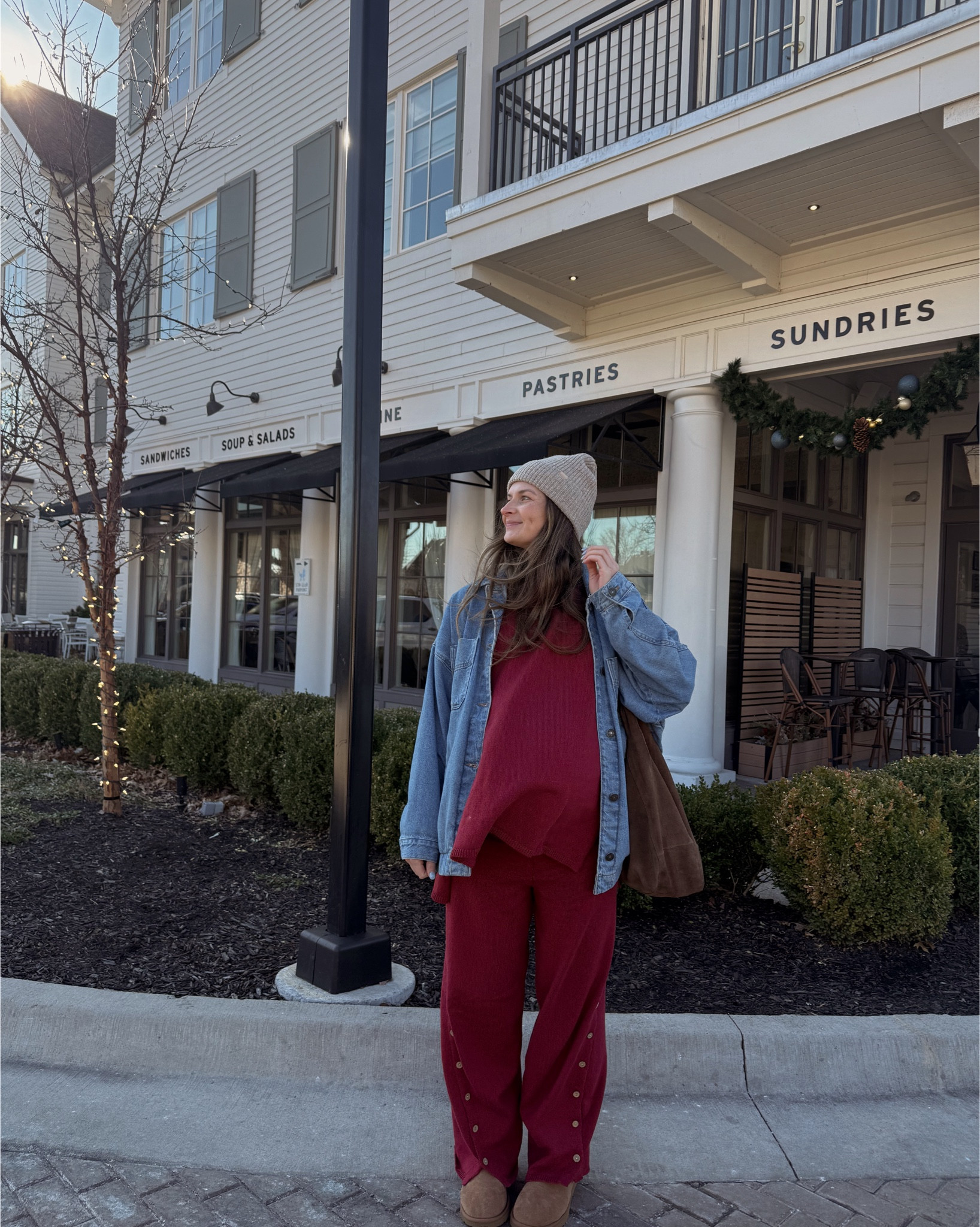 wearing a small in comfy set, bump friendly! Comes in a few colors, love this deep red! Wearing a small in oversized denim jacket! 

Winter outfit 

#LTKHoliday #LTKBump