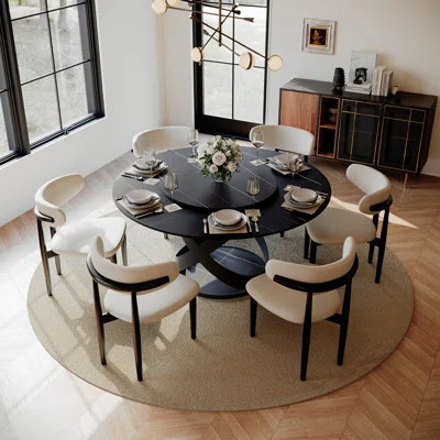 CVIS1276 Modern Round Dining Table, Sintered Stone Tabletop with Lazy Susan, Carbon Steel Base Pre-Assembly | Wayfair North America