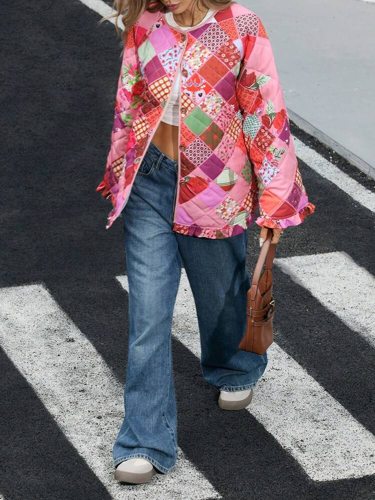 Aveloria Affinna Herfst Nieuwe Vintage Bloemenprint Ruffle Zoom Losse Casual Ronde Hals Lange Mou... | SHEIN