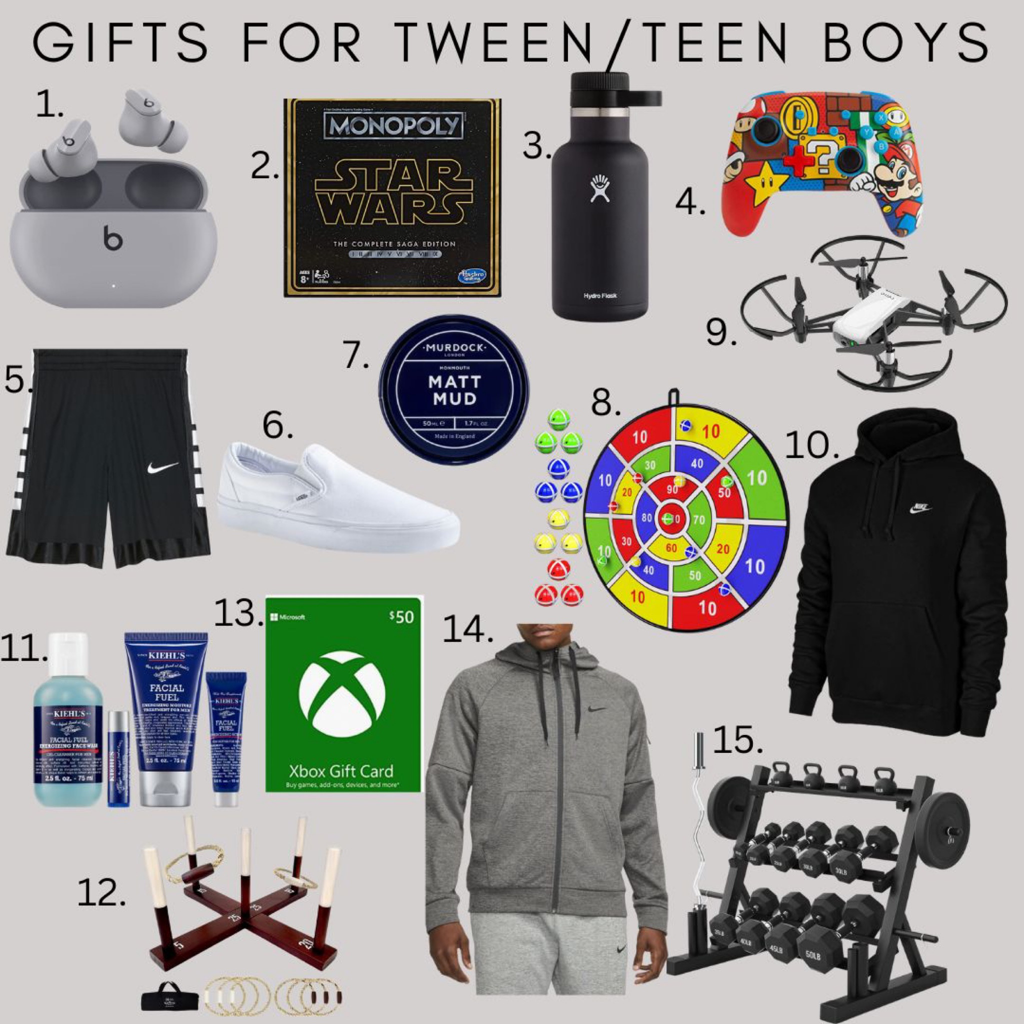 Gifts for tween boys
Gifts for teen boys
Shorts
Shoes
Sweatshirt 
Weights 
Droid
Games 

#LTKhome #LTKHoliday #LTKSeasonal