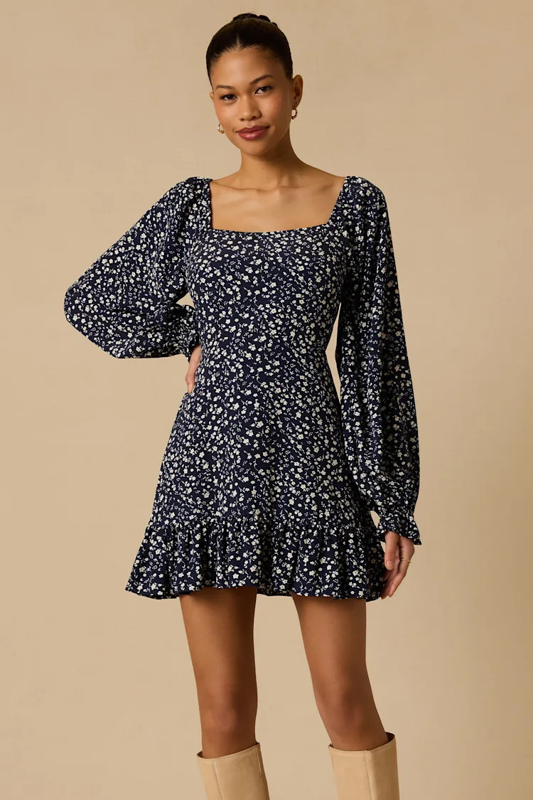 Coy Charm Navy Floral Print Long Sleeve Mini Dress | Lulus