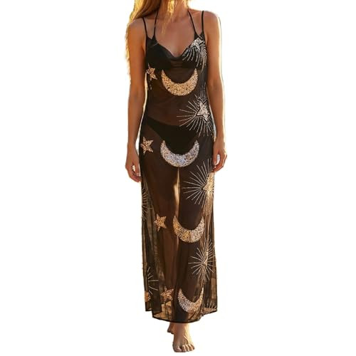 Women Sheer Mesh Cover Up Long Dress Floral Sequin Rhinestone See Through Mesh Beach Bikini Dress... | Amazon (US)