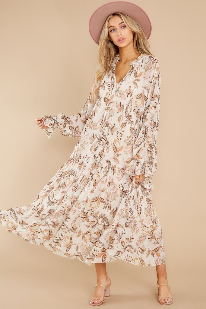 Windswept Gardens Ivory Floral Print Maxi Dress | Red Dress 