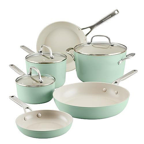 KitchenAid Hard Anodized Ceramic Nonstick Cookware Pots and Pans Set, 9 Piece - Pistachio | Amazon (US)