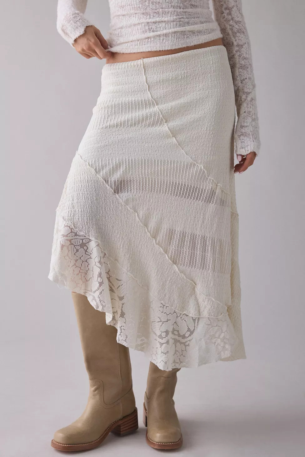 UO Birdie Textured Lace Patchwork Asymmetric Midi Skirt | Urban Outfitters (US and RoW)