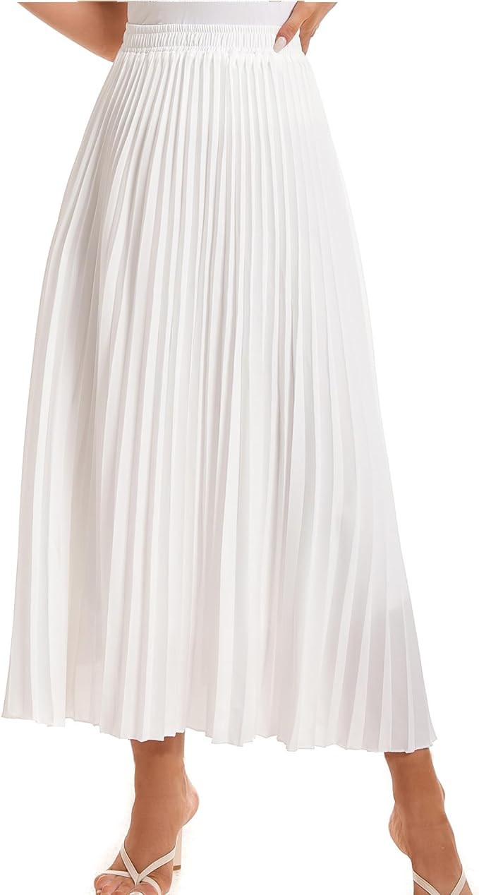 Womens Elastic High Waist Flowy Pleated Skirt Chiffon Swing A-line Beach Maxi Skirt | Amazon (US)