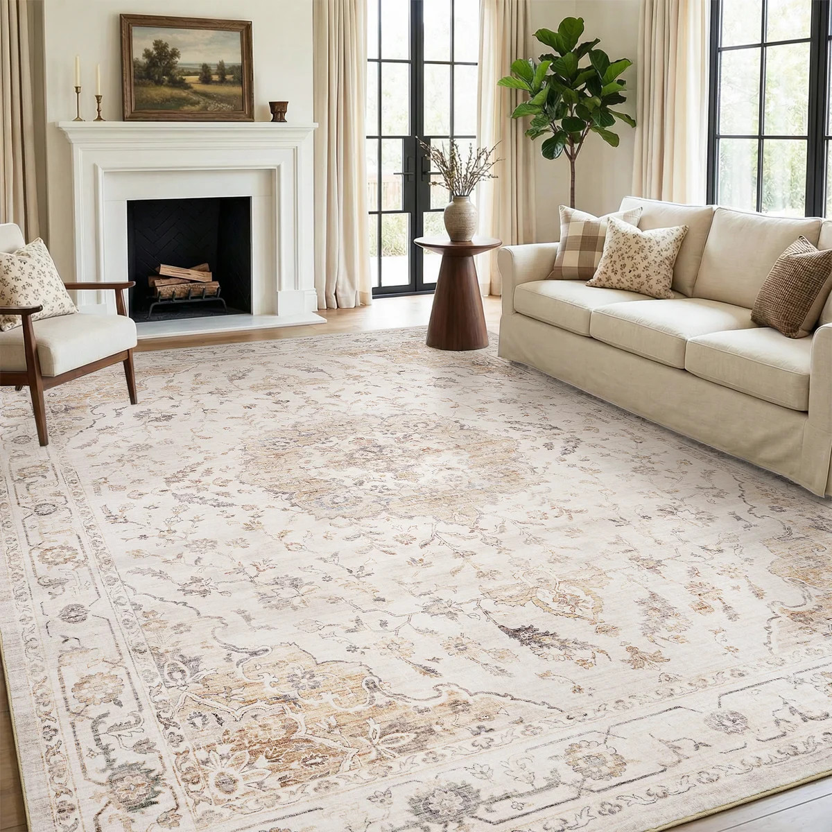 Machine Washable Vintage Floral Soft Beige Area Rug With Non-Slip Backing For Living Room, Bedroo... | Wayfair North America