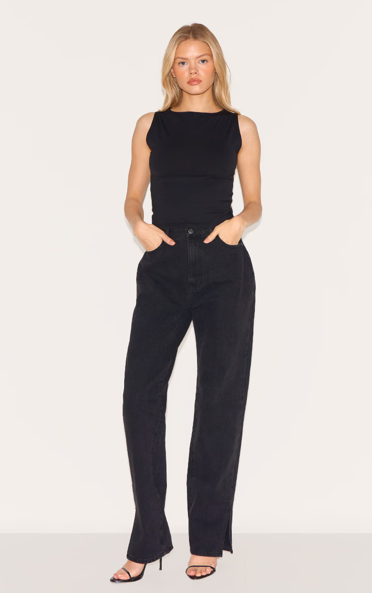 Washed Black L30 Denim Split Hem Jeans | Denim | PrettyLittleThing UK