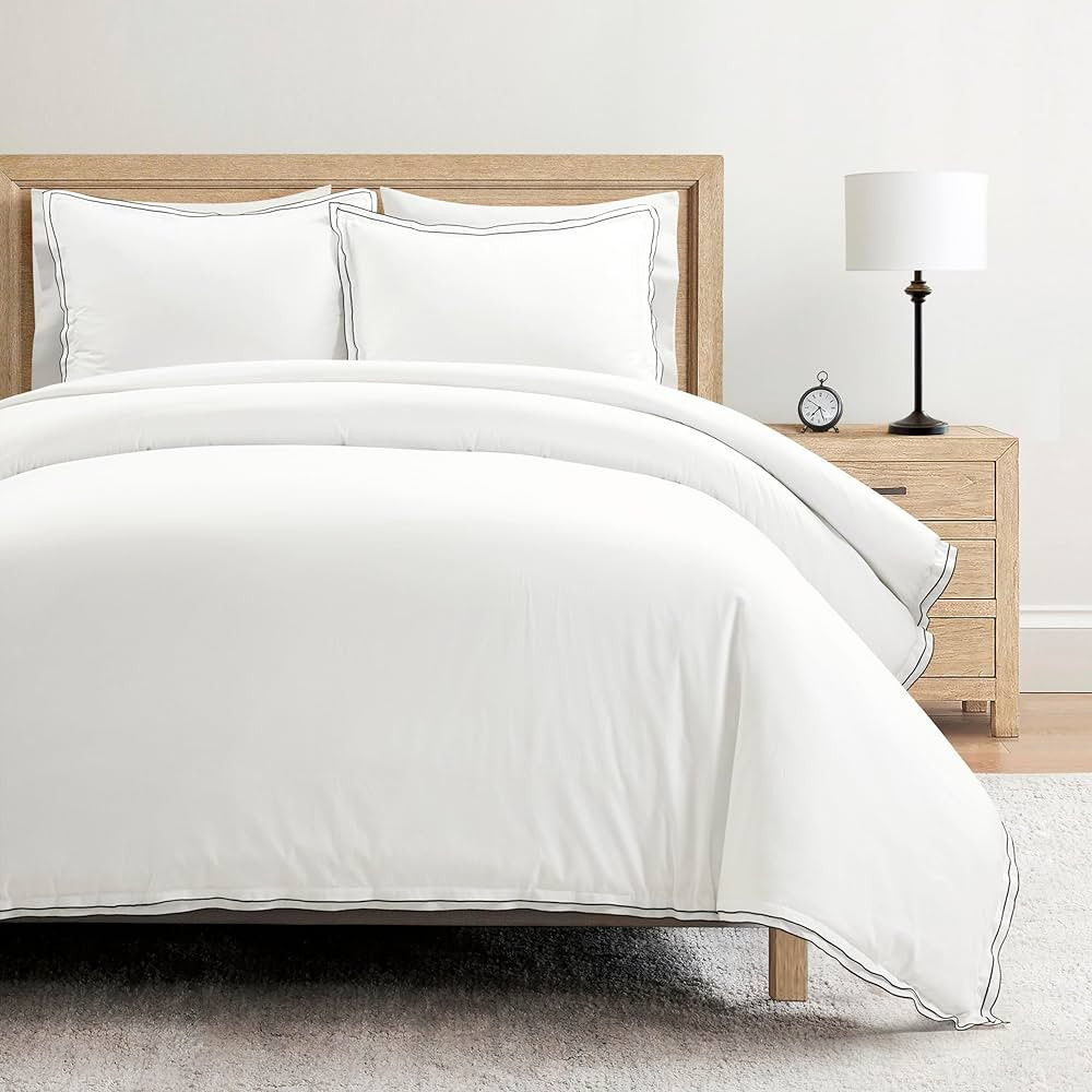 Lush Decor Hampton Double Flange Embroidered Contrast Edge Cotton Duvet Cover Set, 3 Piece Set, F... | Amazon (US)