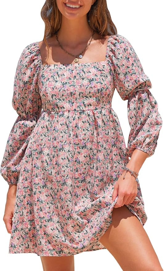 EXLURA Womens 2025 Square Neck Dress Long Puff Sleeve A-Line Casual Short Mini Dresses | Amazon (US)