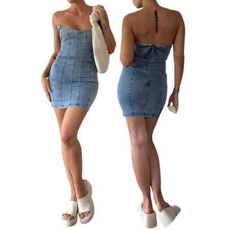 Tsseiatte Women s Bodycon Mini Dress Strapless Solid Color Patchwork Tube Top Denim Dress | Walmart (US)