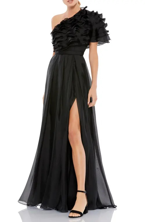 Mac Duggal Ruffle Chiffon One-Shoulder Gown in Black at Nordstrom, Size 14 | Nordstrom