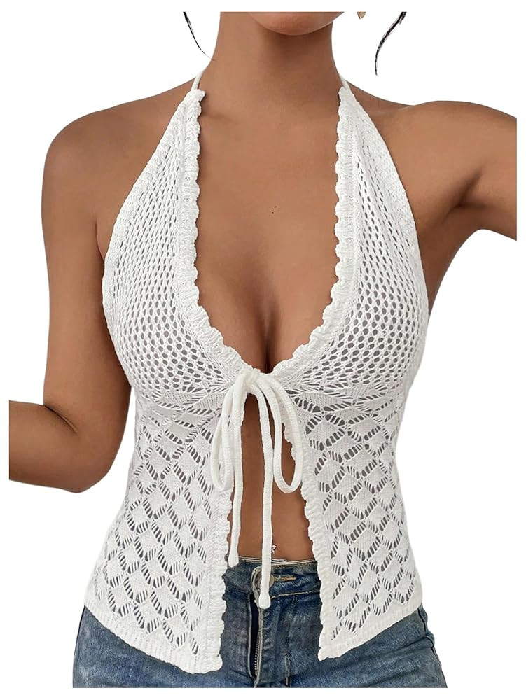SOLY HUX Women's Crochet Tie Front Halter Neck Crop Camisole Top Swimsuit Cover Up Beachwear | Amazon (US)
