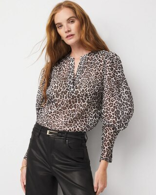 Women's Petite Leopard Jacquard Pleat Sleeve Blouse in Leopard Gala Black size 0 | White House Black Market | White House Black Market