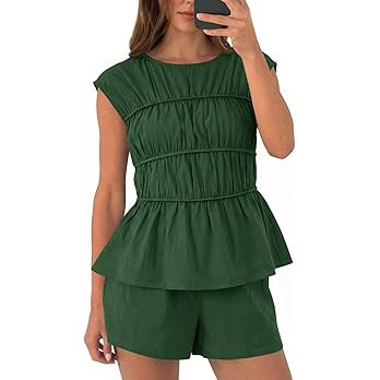 Tankaneo Womens Summer Smocked 2 Piece Short Sets Cap Sleeve Babydoll Peplum Blouse Casual Matchi... | Amazon (US)