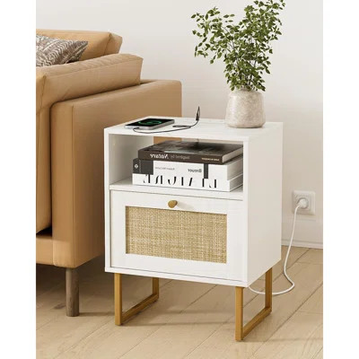 Rattan Nightstand With Charging Station,Modern Boho Farmhouse Wood Bedside Table With Storage Drawer And Open Shelf,Small Gold Frame Side End Table Fo | Wayfair North America