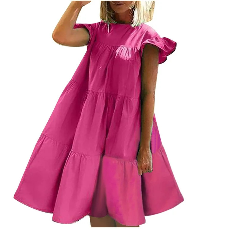 ClodeEU Women'S Summer Fashion Casual Round Neck Solid Ruffle Loose Dress Hot Pink 8(L) | Walmart (US)