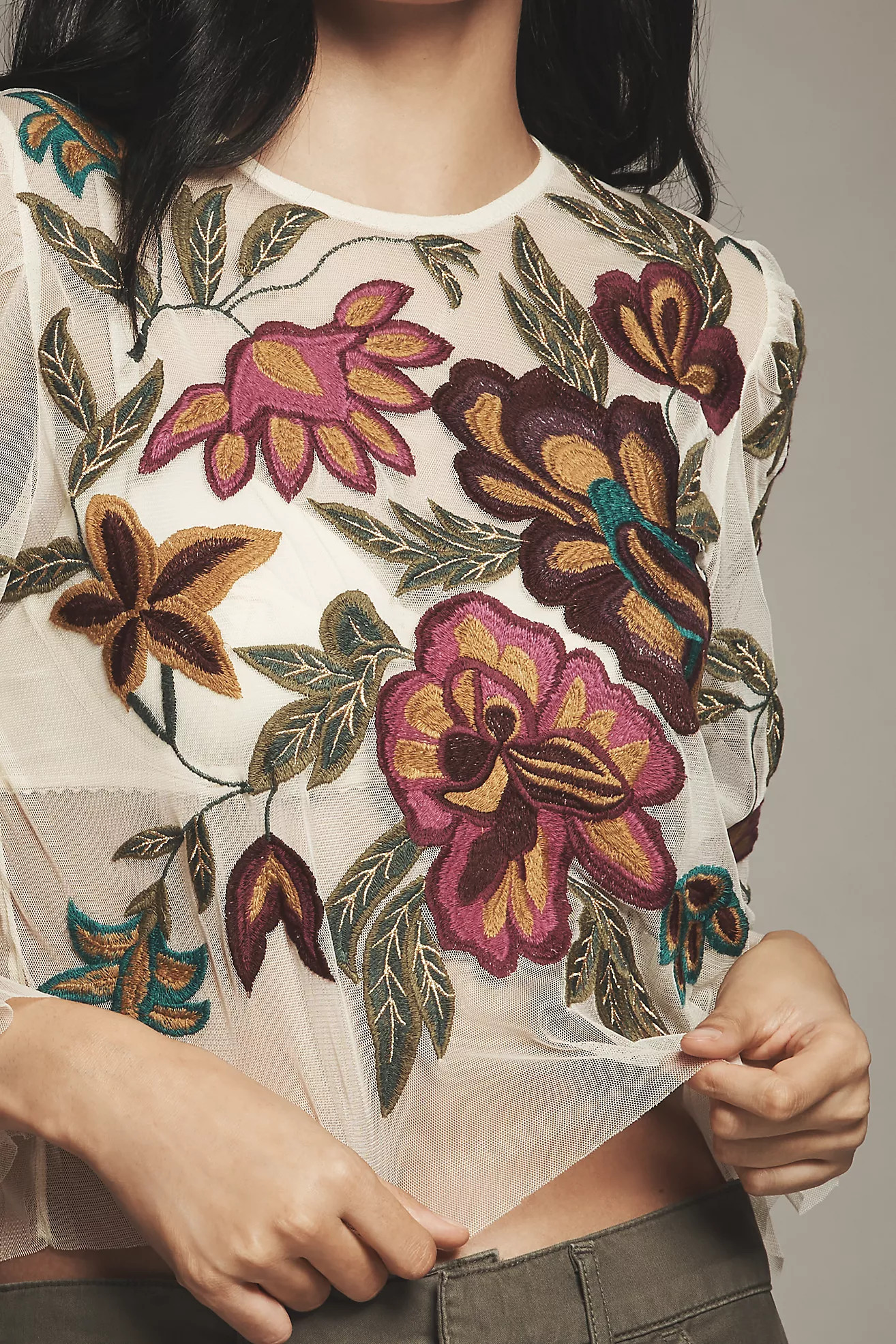 The Layla Long-Sleeve Appliqué Mesh Blouse | Anthropologie (US)