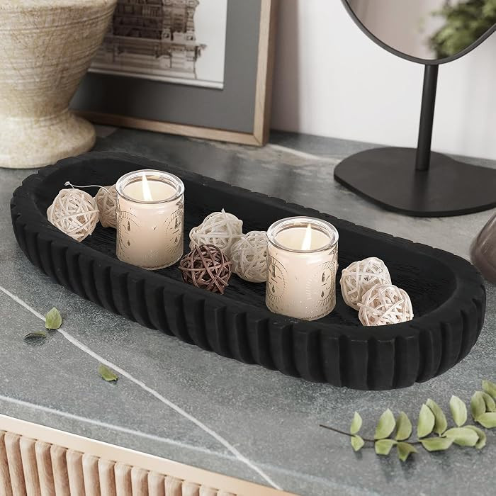 Accent Bowl with Hand Carved Vertical Stripes, Long Wood Tray for Table Centerpieces, Matte Black | Amazon (US)