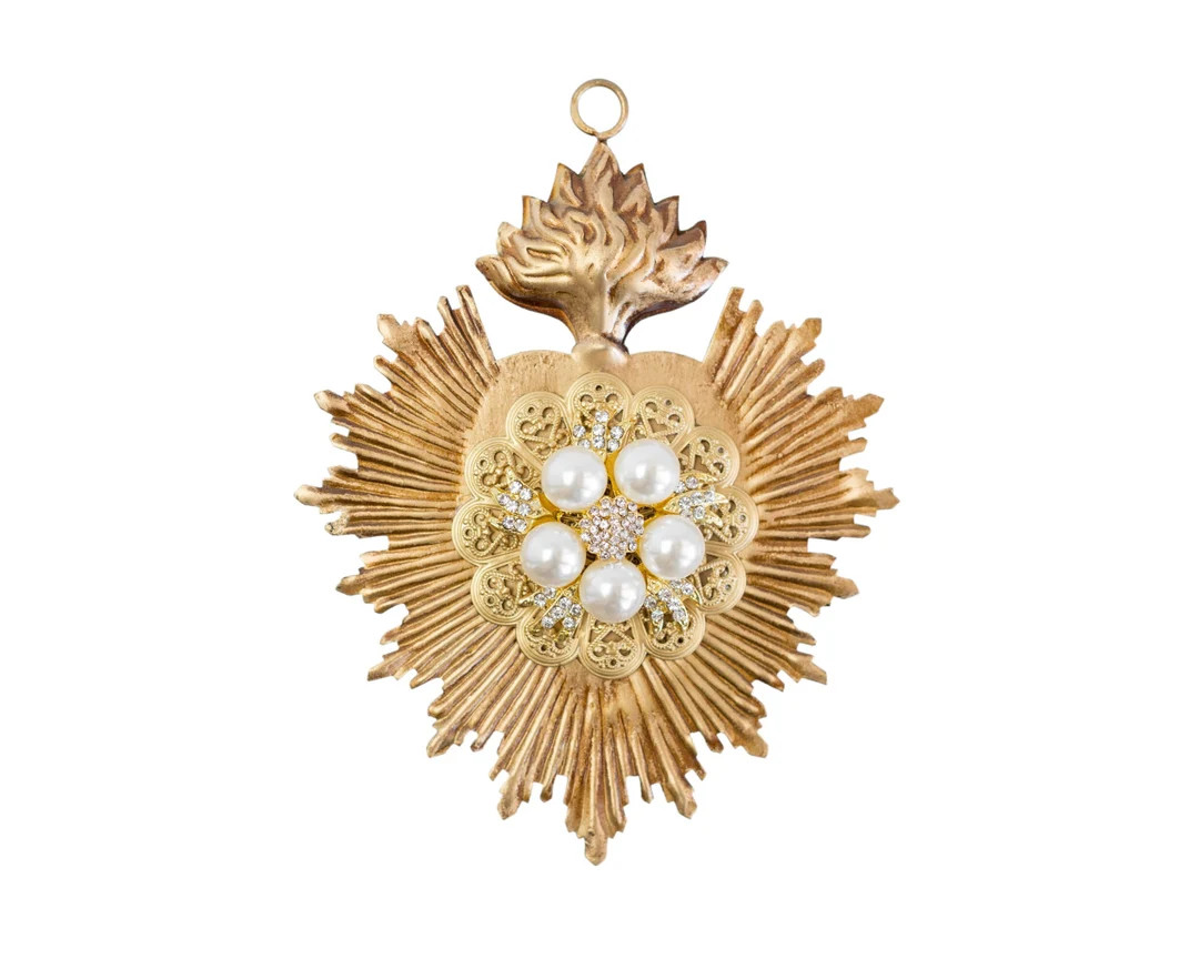 Sacred Heart, Milagro Heart, Gold with White Rhinestones and Pearls, Catholic Heart, Radiant Hear... | Etsy (US)