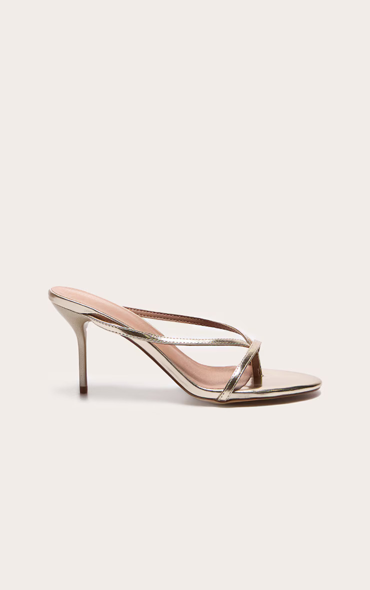 Gold Pu Round Toe Thong High Stiletto Heeled Mules | Footwear | PrettyLittleThing UK
