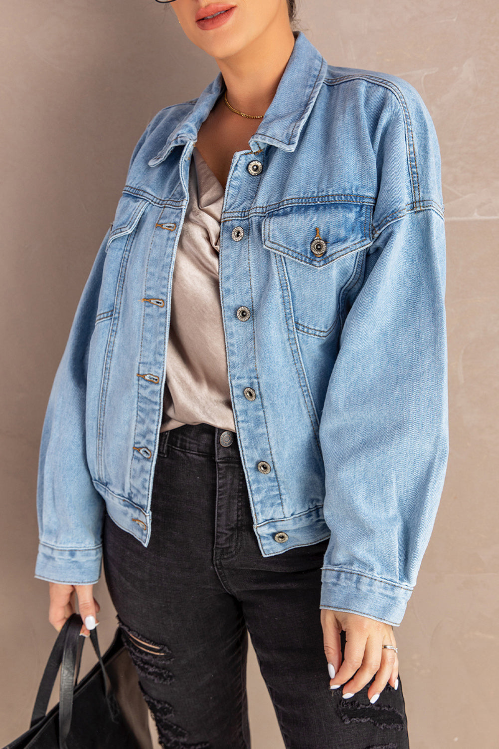 Acid Washed Pockets Buttoned Denim Jacket | Evaless