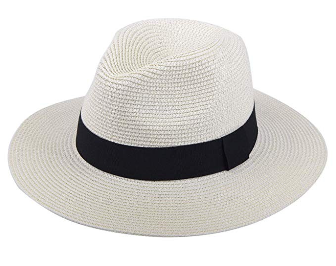 Lanzom Women Wide Brim Straw Panama Roll up Hat Fedora Beach Sun Hat UPF50+ | Amazon (US)