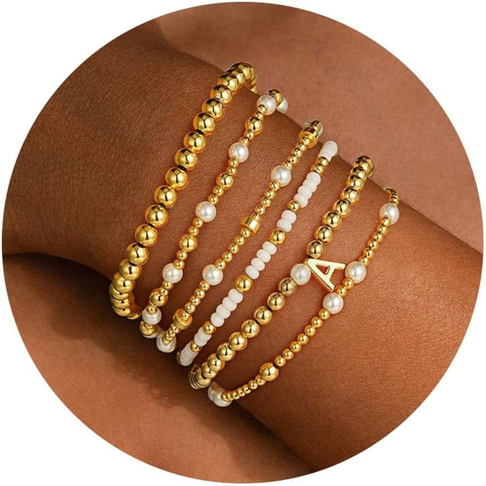 Turandoss 6PCS Beaded Initial Bracelets for Women Girls Valentines Day Gifts - 18K Gold Plated Be... | Amazon (US)