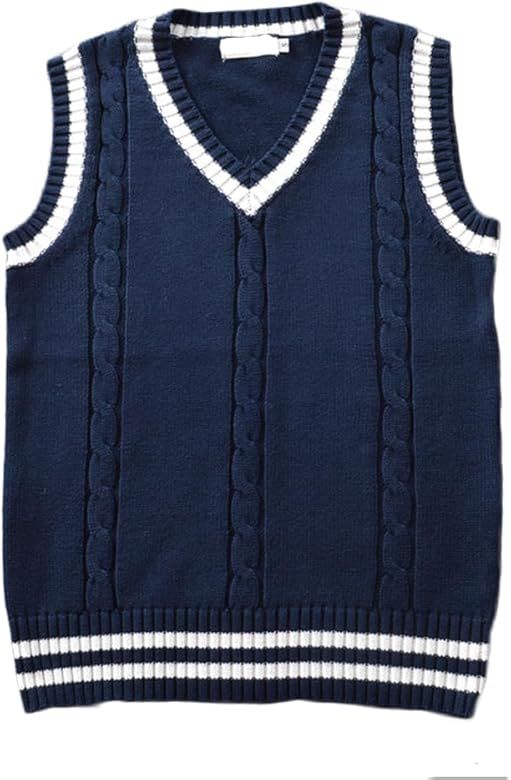 Men Women Knitted Cotton V-Neck Vest JK Uniform Pullover Sleeveless Sweater School Cardigan | Amazon (US)