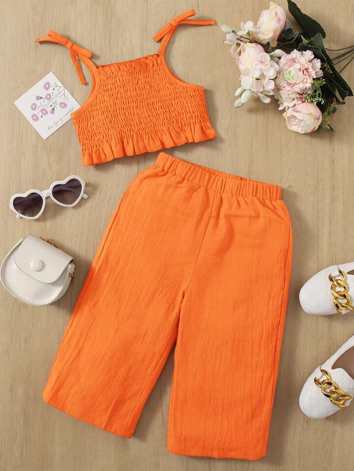 SHEIN Baby Girl Solid Color Ruffled Strap Tank Top And Long Pants Casual Outfit | SHEIN USA | SHEIN