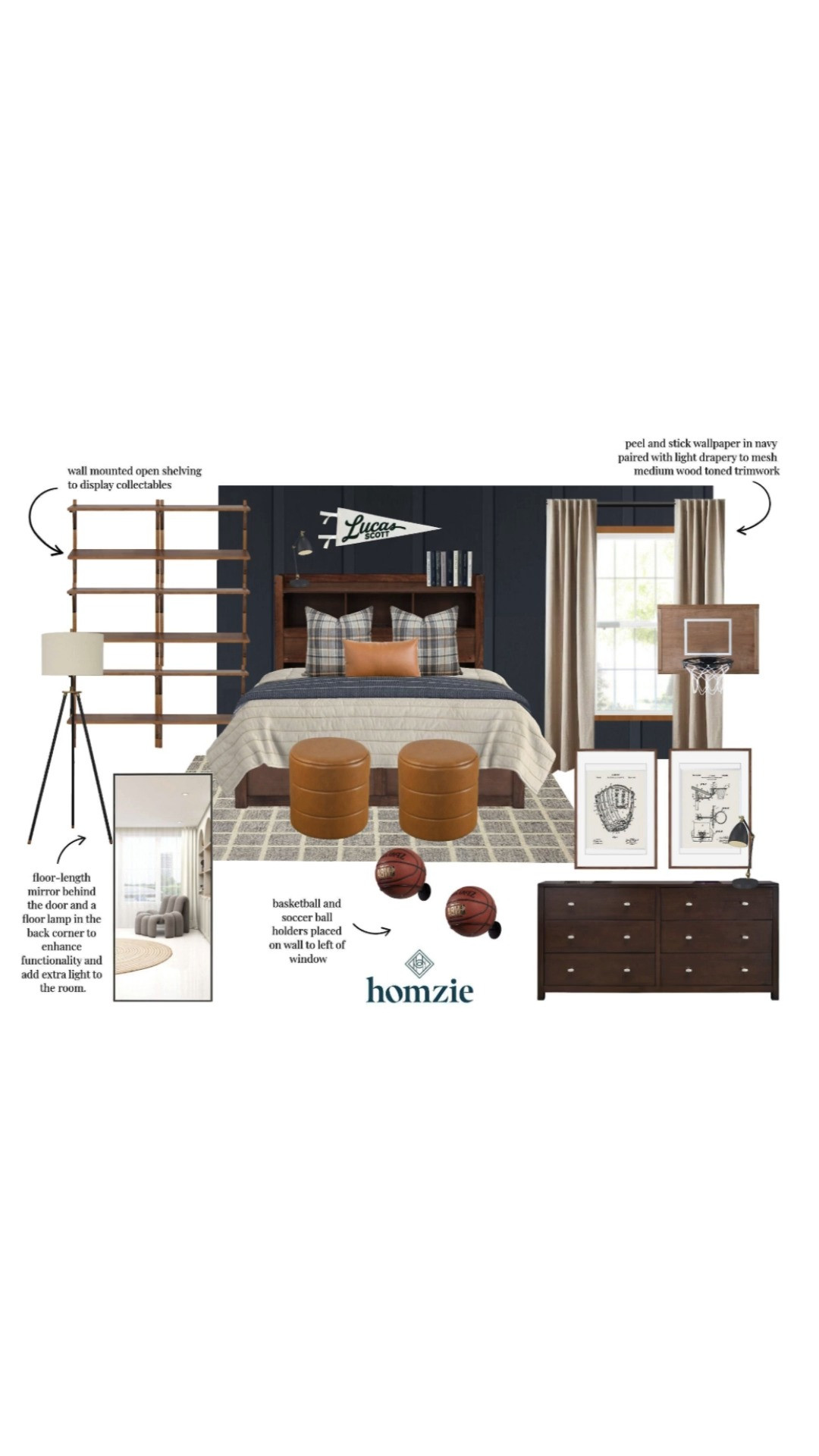 Boy's bedroom design featuring bed frame, accent pillows, floor lamp, basketball hoop, curtains, dresser, bedding, etc.

#LTKHome #LTKFinds #LTKFavorites #HomeStyleDaily 

 #LTKHome #LTKStyleTip #LTKFamily