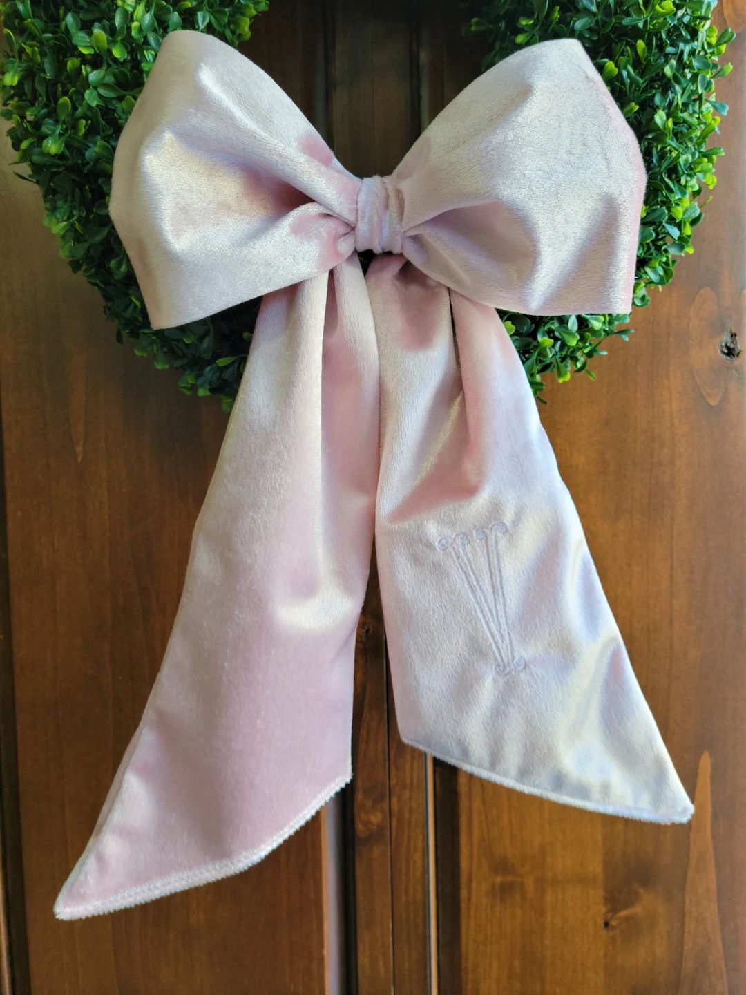 CUSTOM Monogram Velvet Wreath Sash Bow, Blush Pink, Wreath, Valentine's, Spring, Boxwood, Embroid... | Etsy (US)