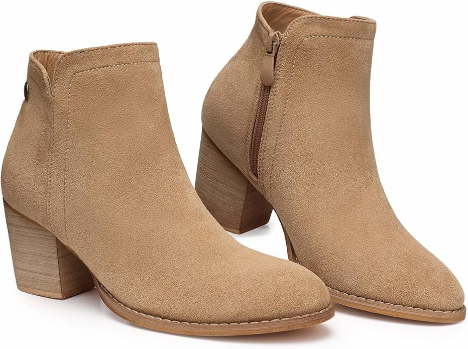 SHIBEVER Women's Ankle Boots Heel: Chunky Low Heeled Almond Toe Short Booties with Zipper Faux Su... | Amazon (US)