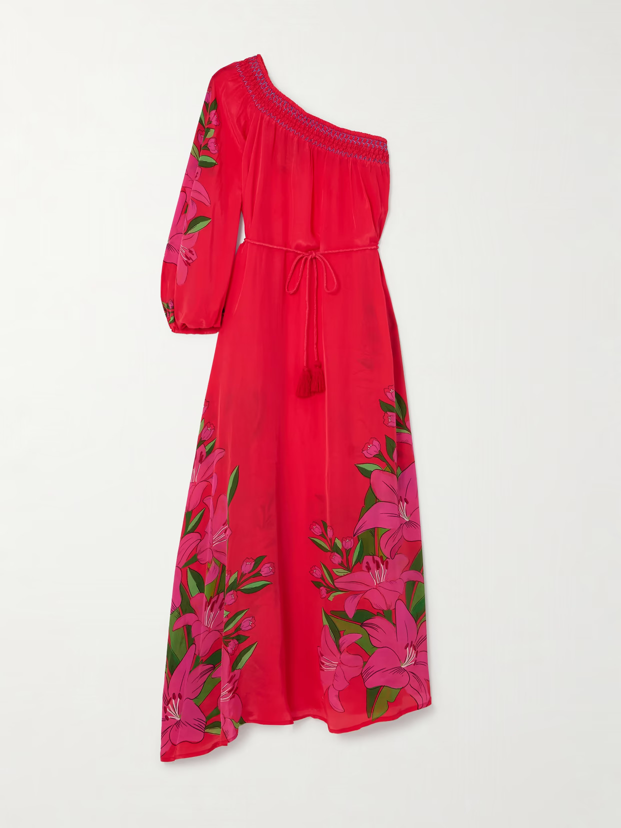 Farm Rio - One-shoulder Belted Gathered Floral-print Satin Maxi Dress - small | NET-A-PORTER (US)