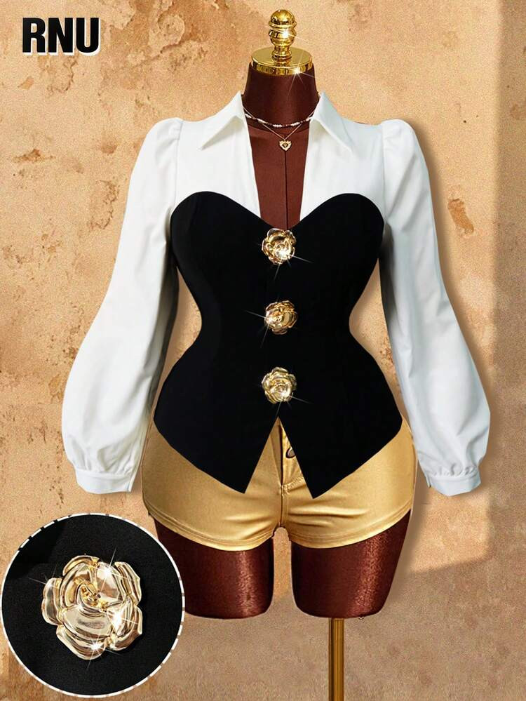 RNU Plus Size Women's Elegant Black & White Contrast Splice Knit High-Stretch Fabric Shirt Collar Puff Sleeve 3D Metallic Luster Rose Button Business, Back To School, Christmas Party/Formal, Vintage Style | SHEIN