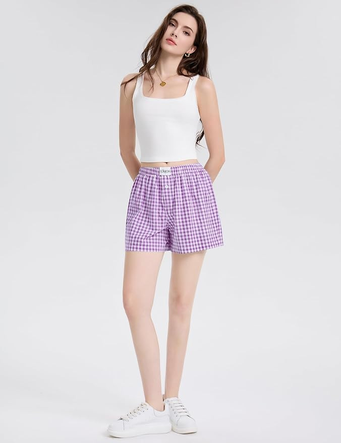 Lomon Womens Boxer Shorts Casual Summer Pajama Lounge Sleep Pj Gingham Plaid Shorts Y2K Beach Bot... | Amazon (US)