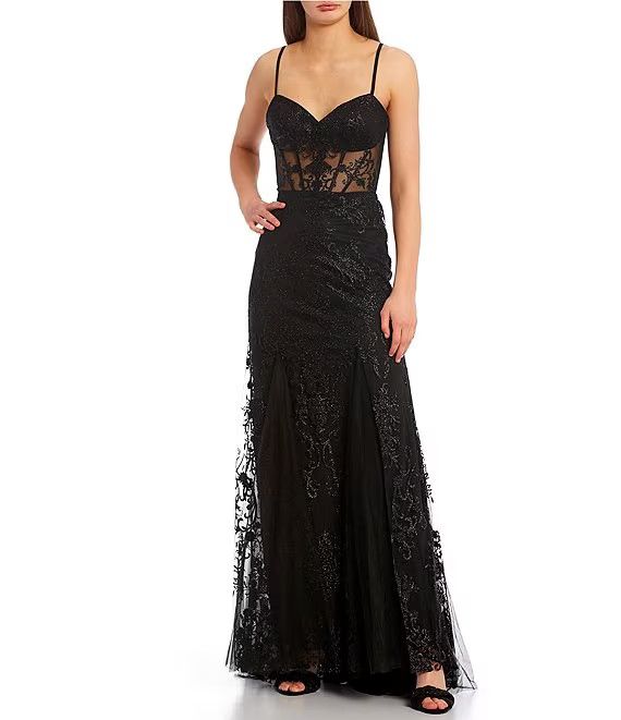 Corset Illusion Embellished Lace Long Dress | Dillard's