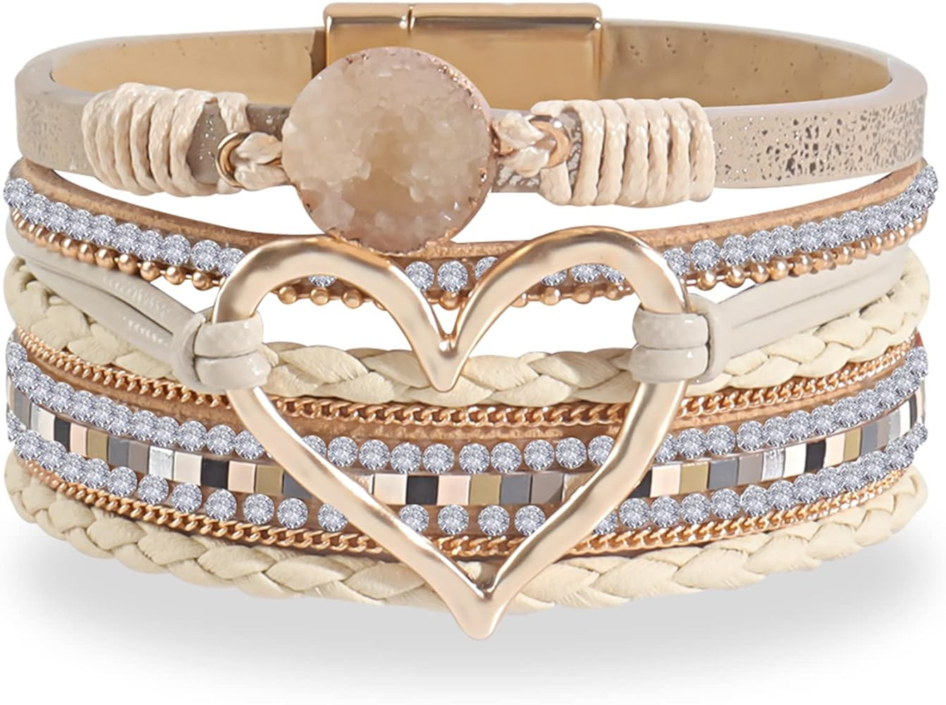 Long tiantian Multilayer Wrap Leather Bracelet Heart Modern Boho Bracelet with Magnetic Clasp Cuf... | Amazon (US)