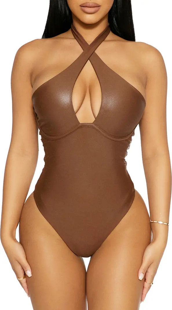 Naked Wardrobe Crisscross Cutout Faux Leather Underwire Bodysuit | Nordstrom | Nordstrom