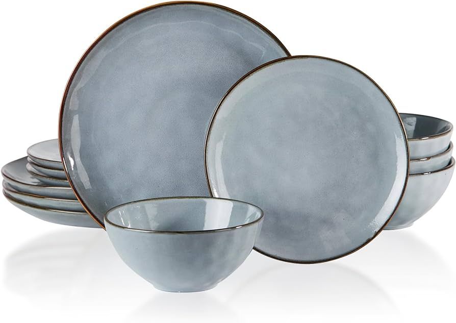 Famiware Dinnerware Sets for 4, Ocean Round 12-Piece Kitchen Plates and Bowls Sets, Reactive Glaz... | Amazon (US)