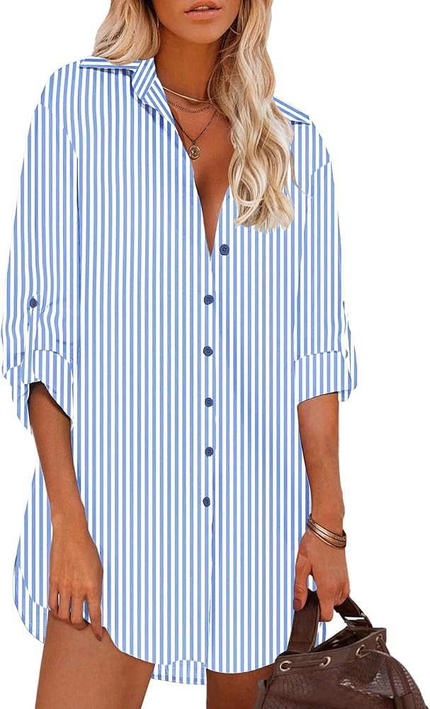 HOTOUCH Women Boyfriend Shirts Button Down Long Sleeve Blouse Cuffed Sleeve Collared Shirt | Amazon (US)