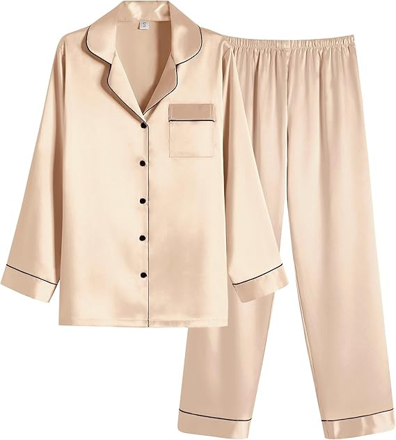 Ekouaer Women Satin Pajamas Set Classic Button Down Long Pjs Set | Amazon (US)