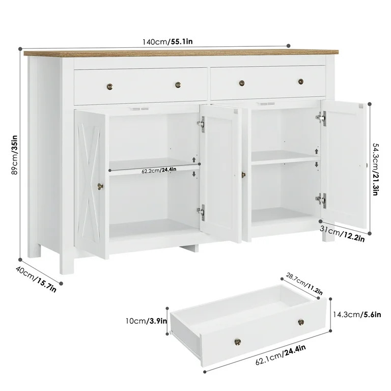 Homfa 4-Doors 2-Drawers Farmhouse Storage Cabinet, Wood Sideboard with Adjustable Shelves, White ... | Walmart (US)