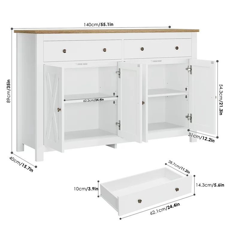 Homfa 4-Doors 2-Drawers Farmhouse Storage Cabinet, Wood Sideboard with Adjustable Shelves, White ... | Walmart (US)
