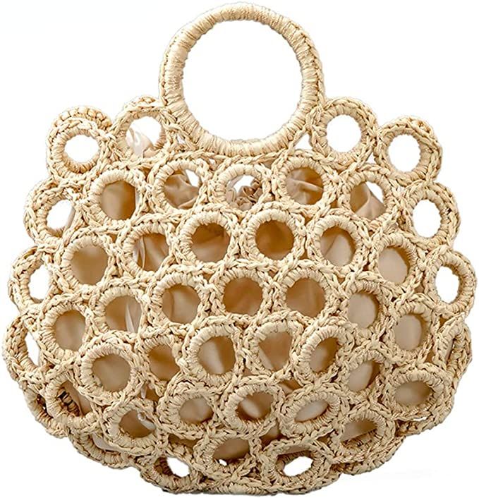 Summer Round Hole Mesh Straw Woven Tote Casual Handbag Travel Tote Cottagecore Style | Amazon (US)