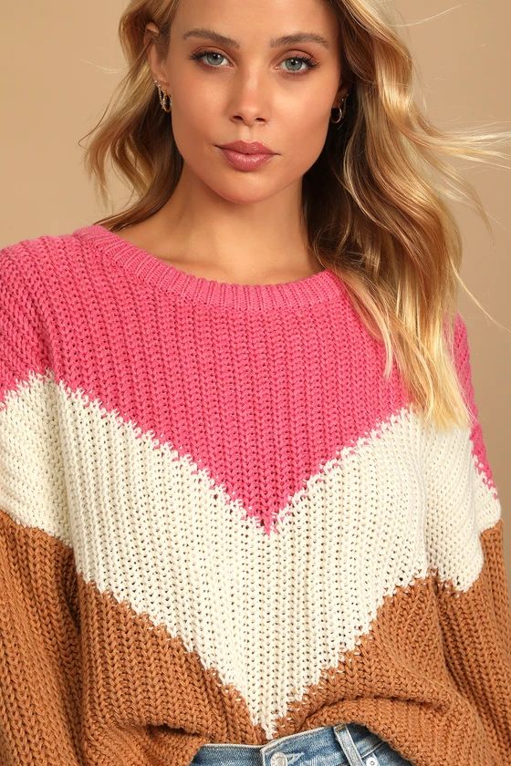 Autumn Leaves Pink Multi Chevron Stripe Knit Sweater | Lulus (US)